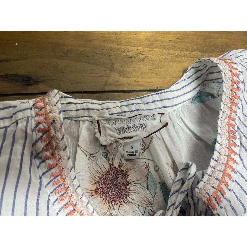 Johnny Was Workshop Effortless Peasant Top Puff Floral Tassel Size Small